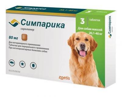 Препарат для собак Zoetis Симпарика весом 20-40кг таблетки от блох и клещей 80мг 3таб (размер: Симпарика весом 20-40кг таблетки от блох и клещей 80мг 3таб) купить за 1860 руб в Москве, видео обзоры и характеристики — SKU3353304